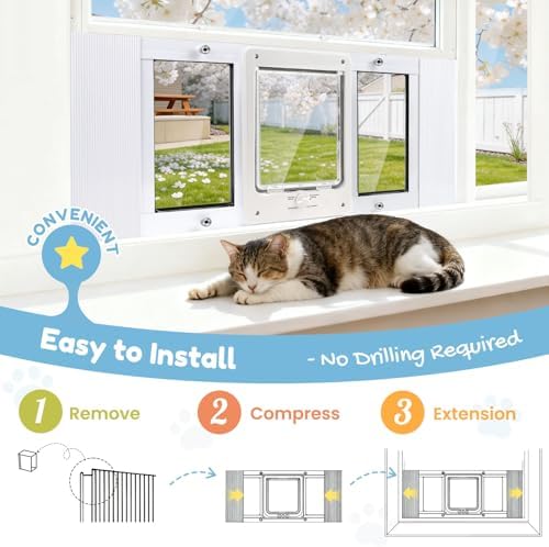 Petoasis Cat Door for Window & Small Dog, Quick Damage-Free Install, 21"-23 4/5" Width Adjustable, All Aluminum Frame, 4-Way Lock, Magnetic Closure, Extra Window Lock & Sealing Strips (XS)