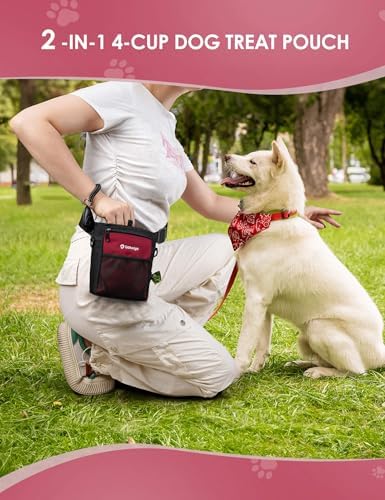Gobeigo 4 Cup Dog Treat Pouch with Silicone Insert Bag& Clicker(Red)