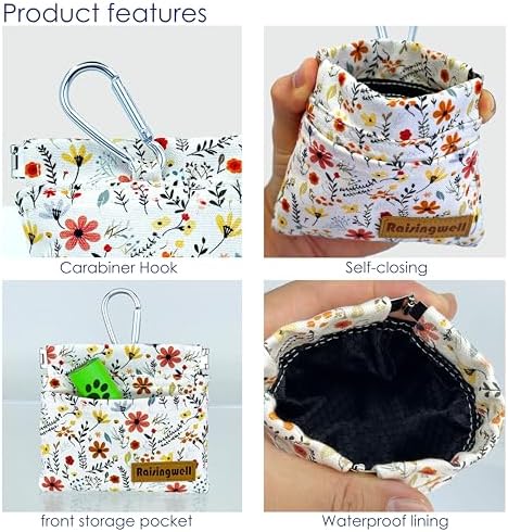 Raisingwell Dog Treat Pouch, Small Cotton Pocket Sized Training Holder, Hand Free Walking Funny Bag with Carabiner, Self-Closing Pet Feed Snack Reward, Behavior Aids for Puppy Travel or Outdoor Use