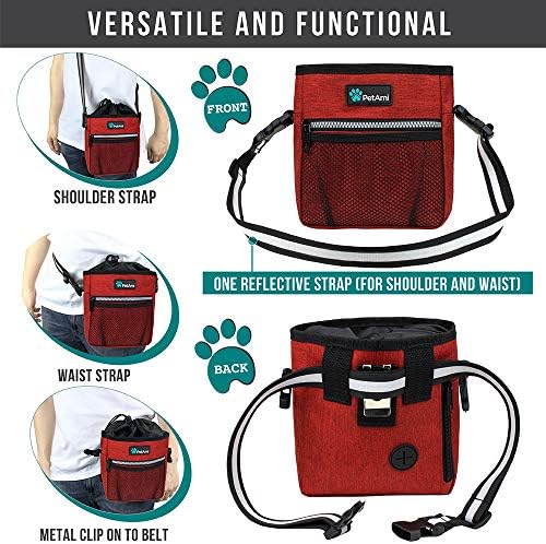 PetAmi Dog Treat Pouch, Pet Treat Pouch for Training, Dog Walking Bag Holder for Kibbles, Pet Food Toy, Dog Trainer Essentials Supplies, Poop Bag Dispenser, 3 Ways to Wear (Red)