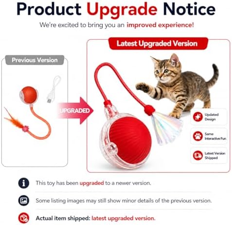 Interactive Cat Toy Ball with LED Lights, USB-C Rechargeable Automatic Cat Toy with Feather Tail, Smart Exercise Toy for Indoor Cats & Kittens, Upgraded Version