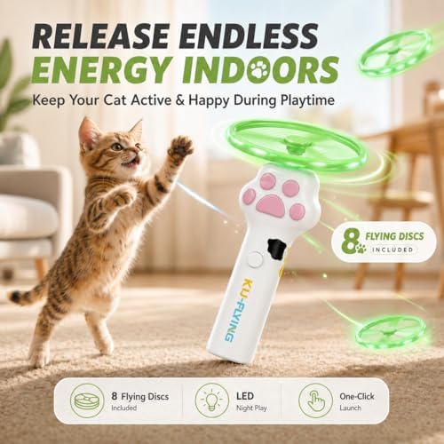 Cat Fetch Toy, Electric Cat Disc Launcher Toy with 8 Flying Spinners, Interactive Cat Toy for Indoor Cats and Bored Kittens, Bendable Discs, Rechargeable Paw Design（White）