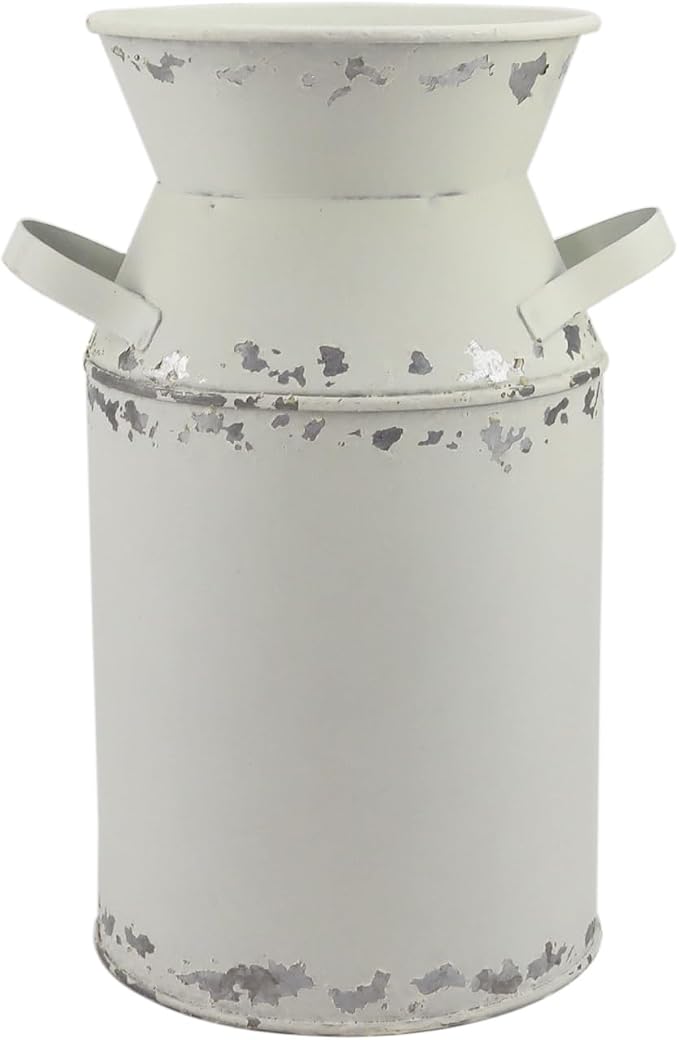 Galvanized White Milk Can Antique Retro Vase Metal Planter Rustic Vintage Primitive Flower Holder Farmhouse Country Plant for Home Office Decor, 7.5”