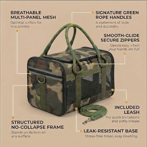 Soft-Sided Pet Carrier, Camo Green, 19.7 x 11.8 x 11.4 in