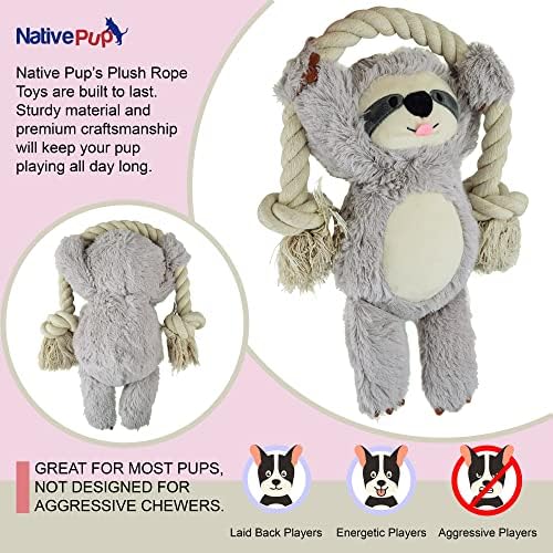 Native Pup Dog Toy Rope and Plush Stuffed Squeaker, Tug of War Toys for Dogs, Puppy Welcome Home Add on for Pets (Sloth)
