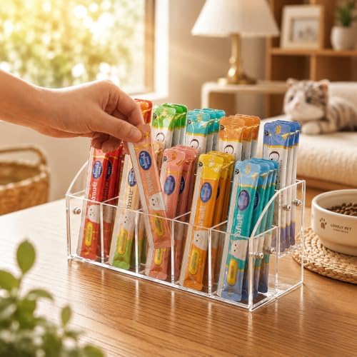 Cat Treat Holder Organizer, 2 Tier 10 Compartment Clear Acrylic Storage Rack for Lickable Wet Treats, Countertop Display Stand for Pet Tubes and Squeeze Up Pouches