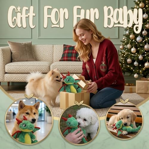 Original Dinosaur Dog Toy - Soft Plush Dog Toys for Small Medium Large Dogs（13.78''） - Cute Dog Squeak Toys with 5 Crinckle Papers & 2 Squeakers (Green)