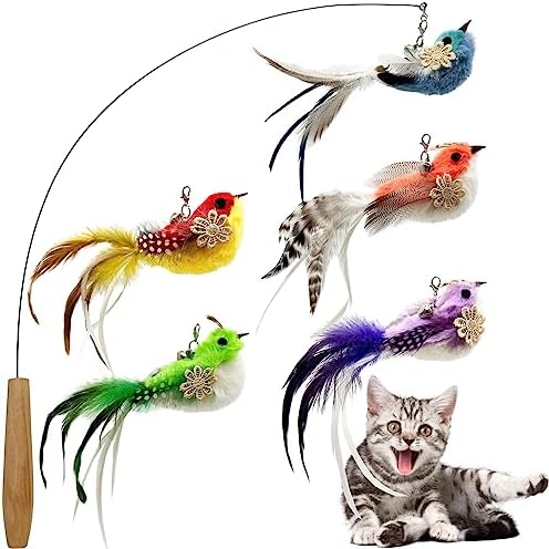 Cat Wand Toy, 6 Pieces Interactive Cat Wand Bird Feather Toys for Indoor Cats Play Exercise