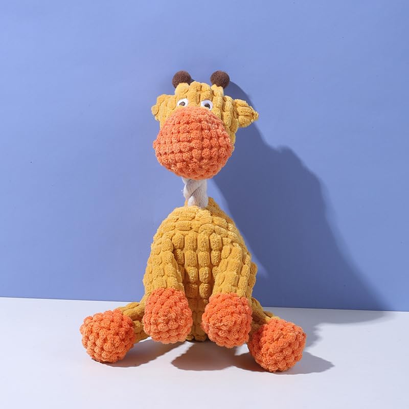 Yellow giraffe chewing dog toy with sound – a durable, soft, and fun interactive dog toy that can be used for teeth cleaning, training, and anxiety relief – suitable for small, medium, and large dogs.