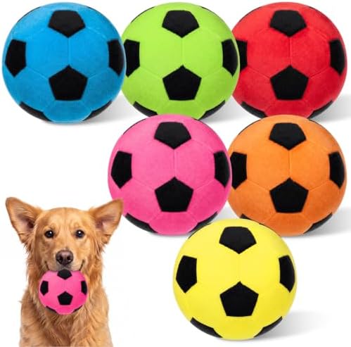 Blueweenly 6 Pcs Stuffed Soccer Ball Dog Toys, 4 Inch Squeaky Football Dog Toys, Soft Interactive Chew Indoor Outdoor Playing Supply for Small Medium Large Pet Rolling Tossing Chasing Game, Multicolor
