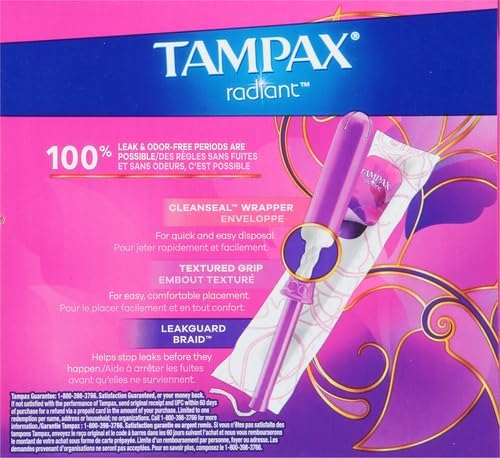 Tampax Radiant Tampons Multipack with Leakguard Braid, Regular/Super Absorbency, with Leakguard Braid, Unscented, 28 Count (Pack of 2)