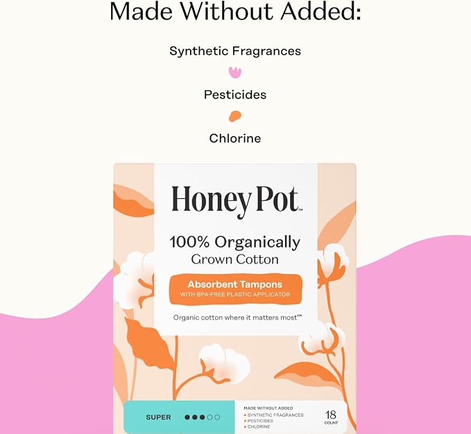The Honey Pot Company - Super Absorbency - 100% Organic Cotton Core Tampons w/Bio Plastic Applicator - Feminine Care – Unscented - 54 Count (3 Packs of 18)