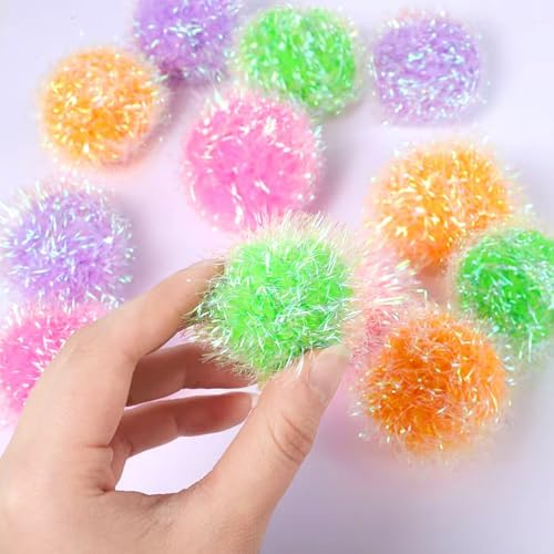 Psyqtsuary 12 Pcs Cat Ball Toys, 2 Inch Sparkle Fuzzy Balls Interactive Cat Toy Soft Pom Pom Sparkle Fuzzy Balls Assorted Color