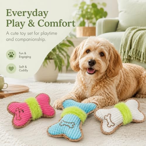 Calming Plush Toys for Dogs, 3 Packs Cute Bone-Shaped Squeaky Toys, Durable Puppy Chew Toy for Small, Medium Dogs