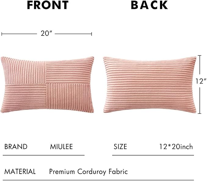 MIULEE Pink Decorative Lumbar Throw Pillow Covers 12x20 Inch 2 Pack | Boho Farmhouse Pillow Covers, Soft Cross Corduroy Patchwork Textured Cushion Cases For Bed Sofa