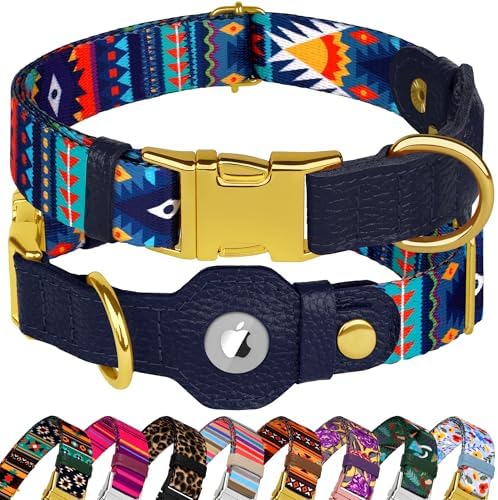 AirTag Dog Collar for Small Medium Large Breed - Adjustable Cute Pattern Dog Collar with Airtag Holder - Soft Leather Tracker GPS Apple Air Tag Pet Collars (Large, 17"-21" Neck Fit, Navajo)