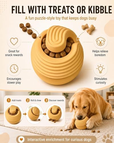 Dog Toy Ball for Aggressive Chewers, Natural Rubber Durable Treat Dispensing Dog Toy with Peanut Butter Grooves, Interactive Dog Puzzle Toy for Boredom, Chew Toy for Dogs