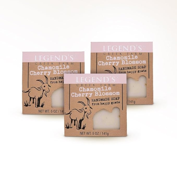 Legend's Creek Farm Goat Milk Soap - Cleansing Moisturizing Bar for Hands and Body - 5 Oz Creamy Lather, Nourishing, Gentle Natural Soap for Sensitive Skin (Chamomile Cherry Blossom, Pack of 3)