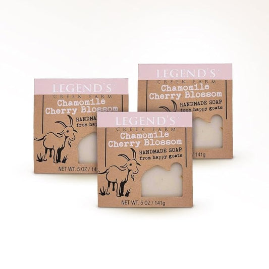 Legend's Creek Farm Goat Milk Soap - Cleansing Moisturizing Bar for Hands and Body - 5 Oz Creamy Lather, Nourishing, Gentle Natural Soap for Sensitive Skin (Chamomile Cherry Blossom, Pack of 3)