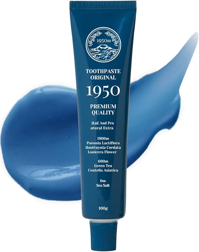 1950 Mineral Salt Blue Toothpaste - Jeju Lava Seawater Salt with Hydroxyapatite for Sensitive Teeth, Gum Care, Whitening, Reminaeralizing, Green Tea Freshness, Fluoride Free, SLS Free (3.5 oz)