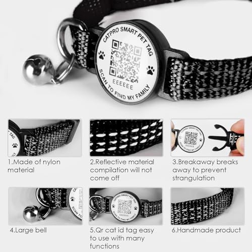Smart QR Code Pet ID Personalized Tag Cat Collar, Reflective Nylon with Bell, Secure Breakaway, Comfortable, Durable - Suitable for Kittens-Black-S