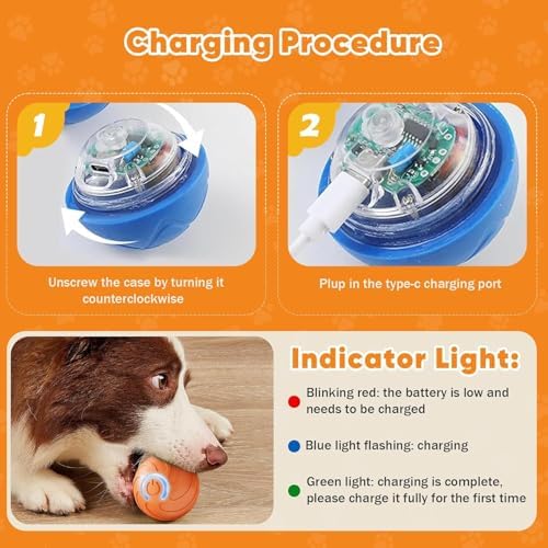 Shaky Ball Toy for Dogs, Vibrating Dog Ball, USB Rechargeable, Interactive, Automatic Moving, Bouncing, Perfect for Small, Medium, Large Dogs (1, Orange)
