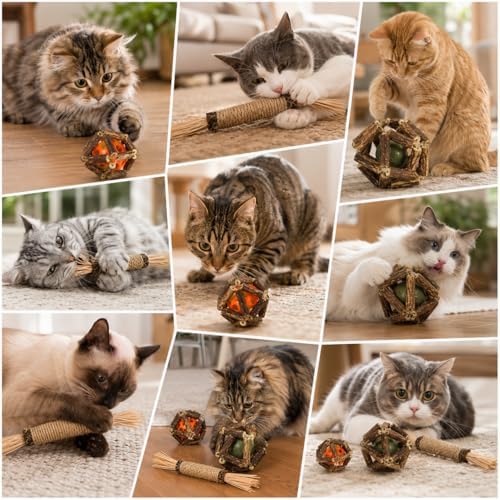 3-in-1 Cat Toy Set with Silvervine Stick Balls, Catnip Vine Ball & Raffia Chew Stick, Interactive Natural Chew Toys for Indoor Cats, Kitten Teething, Batting, Chasing, Licking, Daily Enrichment Play