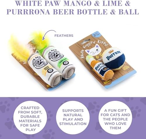 Haute Diggity Kitty White Paw + Purrrona Bottle & Ball, Soft Plush Cat Toys