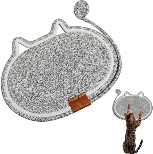 Cat Scratcher Mat Natural Cotton Rope Oval Horizontal Floor Cat Scratch Bed Pad with Ball Toy Protector for Furniture Floor Wall (Grey, 1PC)