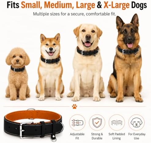 Genuine Leather Dog Collar, Soft Padded Leather Dog Collars with Airtag Holder Case for Small Medium Large X-Large Dogs,Comfort Heavy Duty Pet Collar with Durable Metal Buckle & D-Ring-Black/XS