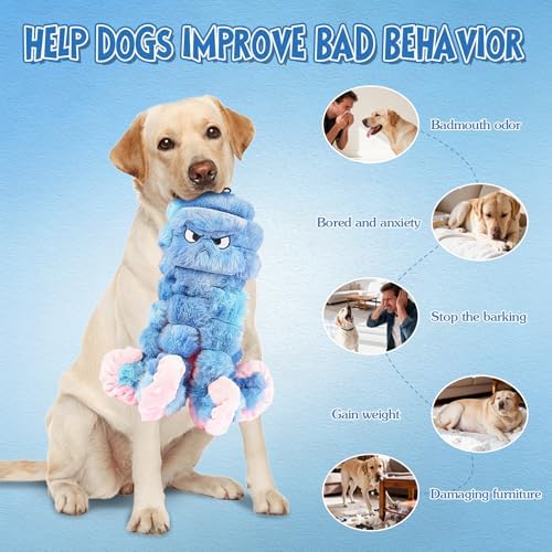 Tough Octopus Dog Toy, Interactive Squeaky & Crinkle Tug of War Toy for Aggressive Chewers, Large Durable Plush Chew Toys to Keep Dogs Busy- Crinkle Octopus, Large (Blue)