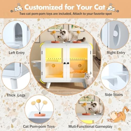 Hidden Cat Litter Box Enclosure Cat House Furniture with RGB LED Light Stairs Pom Pom Toys Glass Doors Litter Leak Walkway Cat Washroom Cabinet White Pet Furniture for Indoor Cats Modern
