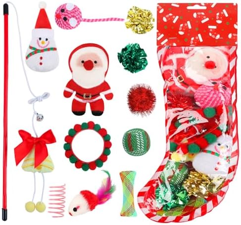 Christmas Stocking Cat Toys - 12Pcs Interactive Set for Cats with Squeaky Toys, Balls, Cat Teasers