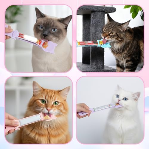 3PCS Cat Treat Feeding Spoon Squeeze, Wet Food Dispenser for Cats, Big Size Easy Feeding Tool, Cat Multi-Function Strip Spoons Set for Licky Treats, Lickable Creamy Wet Food(Pink, Blue, Purple)