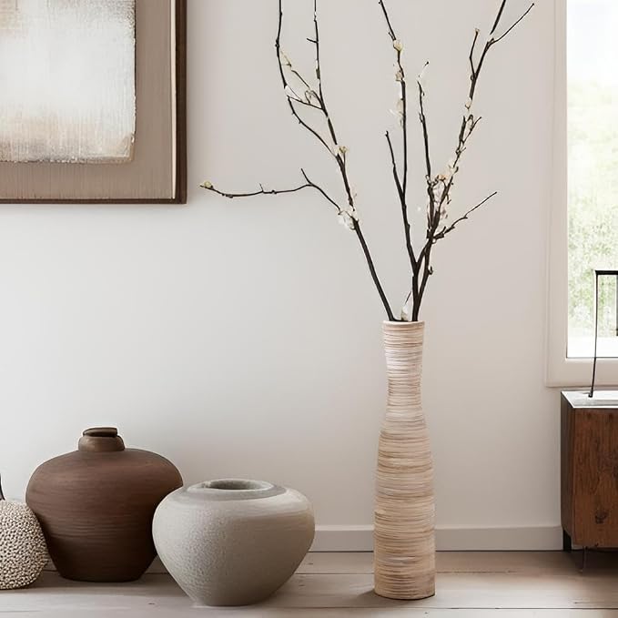 ALMA 16" Tall Skinny Floor Vase, Decorative Thin Vase for Pampas Grass | Ceramic Brown Vase for Flower, Rustic Beige Vase with Narrow Neck, Ideal for Living Room&Fireplace, Gift for Home Decor Lover