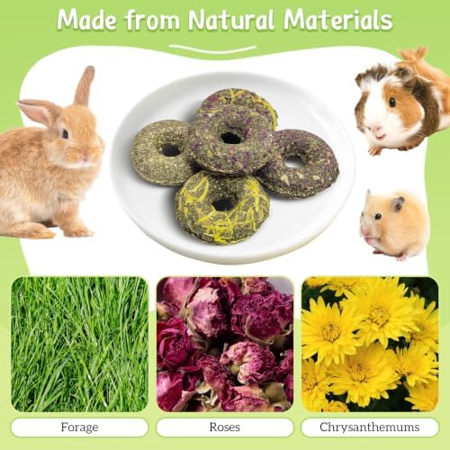 Fhiny 20 PCS Rabbit Chew Toys, Rabbit Treats with Natural Grass and Flowers, Pet Molar Grass Cakes for Guinea Pigs, Chinchillas, Hamsters and Other Small Rodents