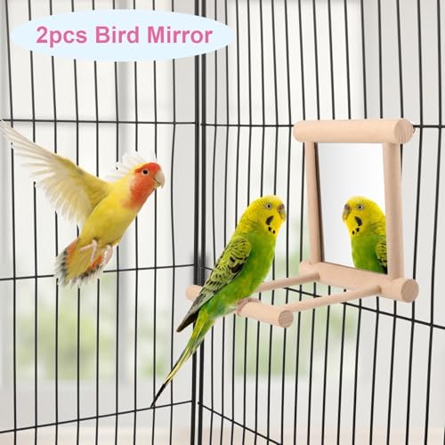 Wontee Bird Mirror for Cage Hanging Interactive Toys (Wood color-2pcs)