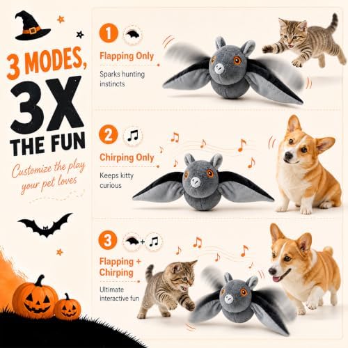 Flying Bat Dog Toy, Flying Bat Toy for Dogs Cats, Flapping Wings Interactive Pet Toy, Realistic Flight Motion and Chirping Sound, Indoor Chase Toy for Exercise, Play and Boredom Relief