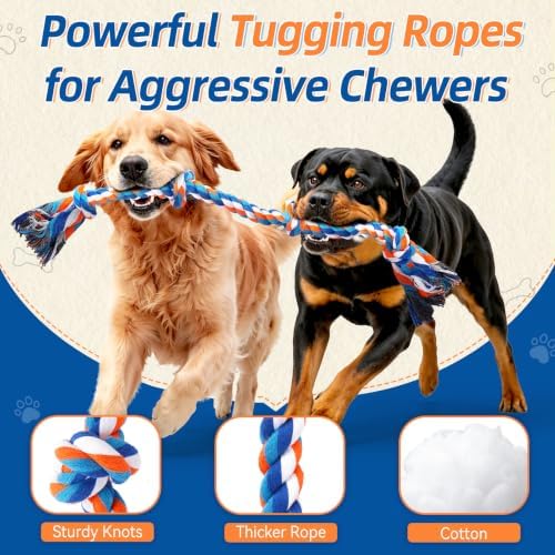 Forfon 9 Pack Dog Rope Toy Set for Large Dogs, Tough Dog Chew Toys for Aggressive Chewers, Interactive Tug of War Toys with Squeaky Plush & Squeaky Balls for Teeth Cleaning & Chewing