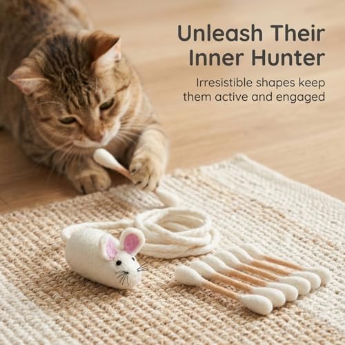 Glaciart One Cat Qtip Toy Set, Felt Mice Cat Toy & Cotton Swab Cat Toy, Wool Felt Cat Toys for Indoor Cats