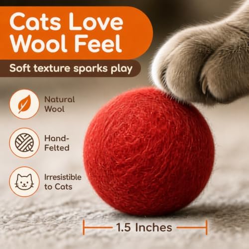 Wool Cat Toys - Felt Cat Toy Balls for Small Pet Fetch and Play - Eco Friendly Quiet Wool Ball Cat Toy for Cats and Kittens - Choose Your Colors 6PCS (Red)