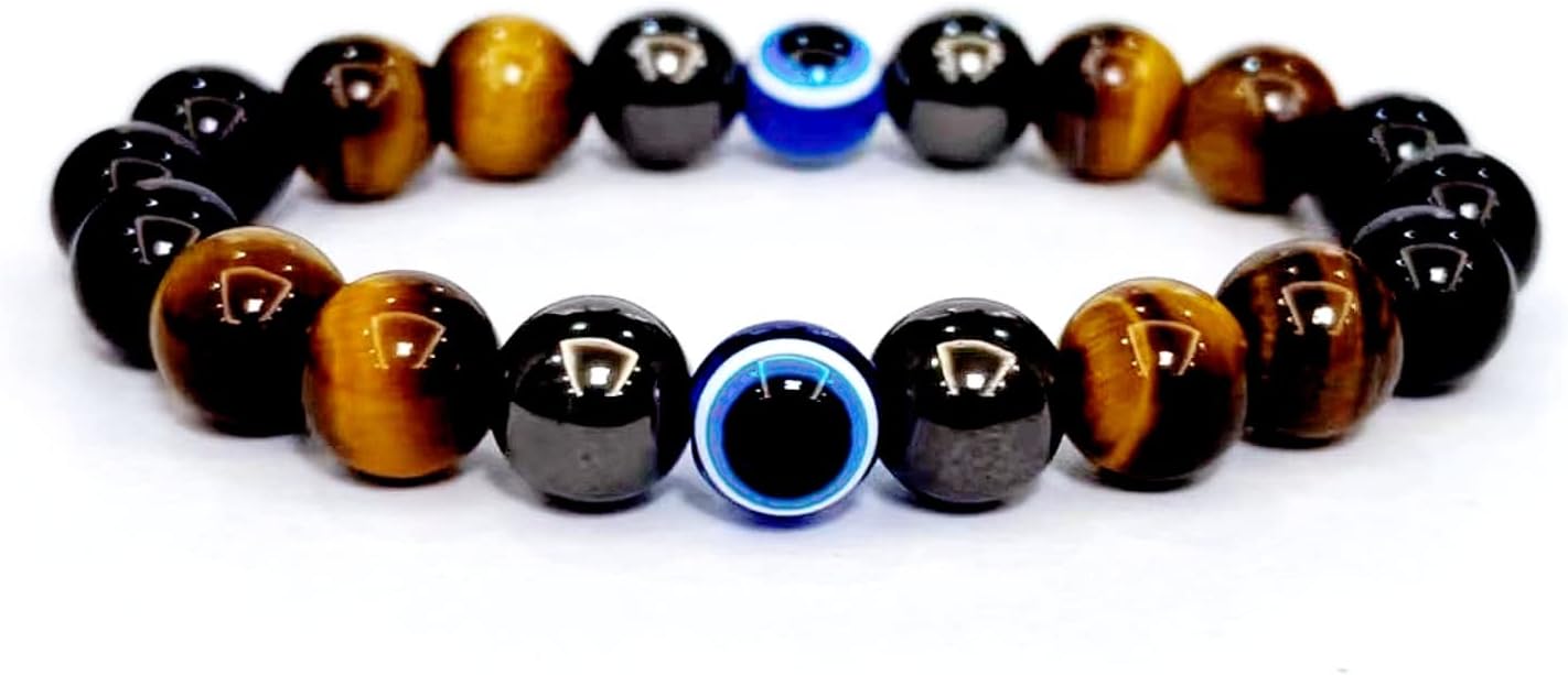 Evil Eye with Hematite Black Obsidian Tiger Eye Stone Triple Protection Bracelets for Men Women, Crystal Healing Stone Bracelet Bring Luck Prosperity and Happiness Jewelry