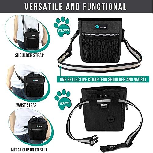 PetAmi Dog Treat Pouch, Pet Treat Pouch for Training, Dog Walking Bag Holder for Kibbles, Pet Food Toy, Dog Trainer Essentials Supplies, Poop Bag Dispenser, 3 Ways to Wear (Charcoal)