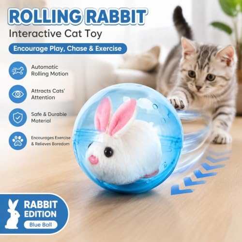 Electric Hamster Ball Cat Toy – Automatic Rolling Animal Pet Rolling Ball, Interactive Hamster Ball Cat Toy for Indoor Cats Exercise and Chase Play (Rabbit(Blue))