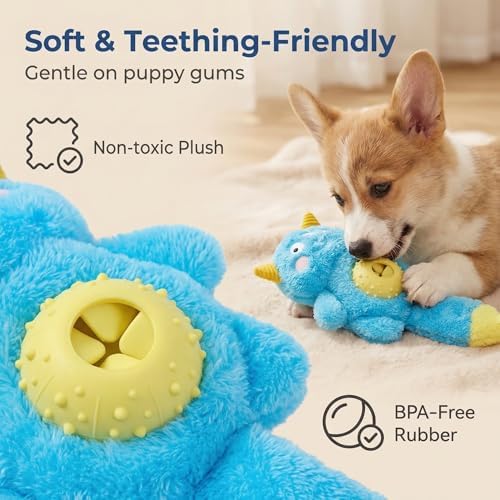 Cute Monster Plush Dog Toy with Squeaky Ball, Crinkle Paper, Treat Dispenser & Washable Design, Interactive Stuffed Chew Toy for Small Medium Dogs, Puppy Teething Toy (Blue)