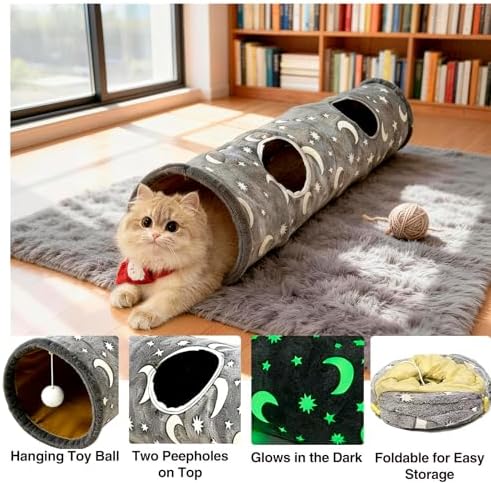 Glow-in-the-Dark Cat Tunnel for Indoor Cats Large Foldable Cat Play Tunnel with Hanging Ball 2 Peepholes Interactive Cat Toy for Kittens Pet Tunnel for Small Dogs Cat Tube for Indoor Cats