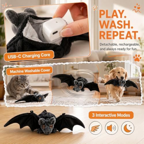 Interactive Flying Bat Dog Toy, Flapping Wings Cute Bat for Indoor Cats & Dogs, Automatic Flapping Wings with Chirping Sounds, Touch Activated, Rechargeable for Solo Play，Manual Switch