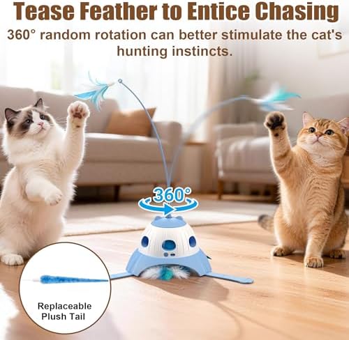 Casfuy 3-in-1 Interactive Whack-a-Mole & Rotating Feather Wand Cat Chasers Toy with Plush Tail, Blue