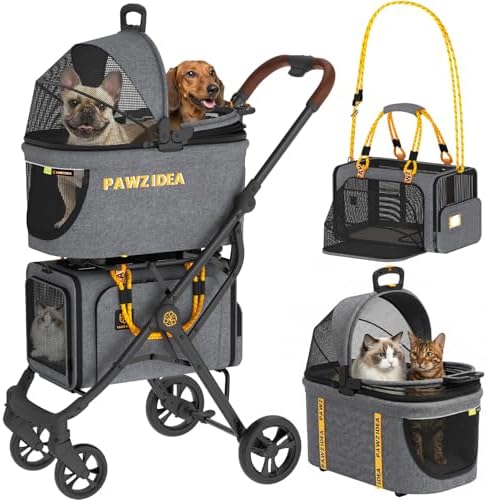 PAWZIDEA Double Pet Stroller with 2 Detachable Carrier, Multifunctional