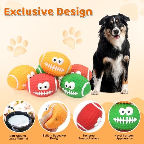 6 Pack Squeaky Dog Football Toys, Interactive Training Toys for Medium & Large Dogs, Soft Teething Fetch Chew Balls with Built-in Squeaker, Indoor Outdoor Water Play, 3 Colors